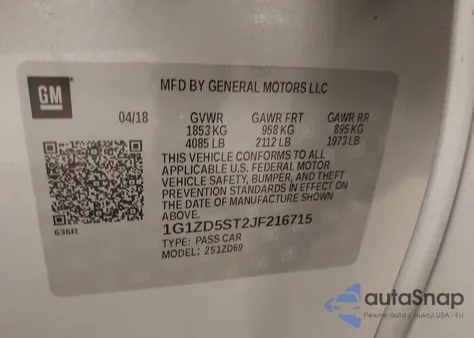 2018 Chevrolet Malibu Lt из США, поврежденный, VIN 1G1ZD5ST2JF216715